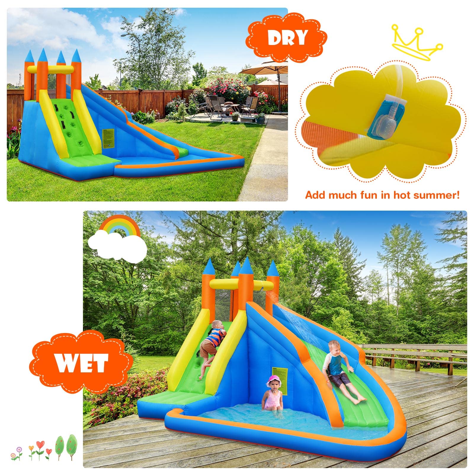 Inflatable Water Slide Bouncer, Children Wet & Dry Bounce House with Climbing Wall