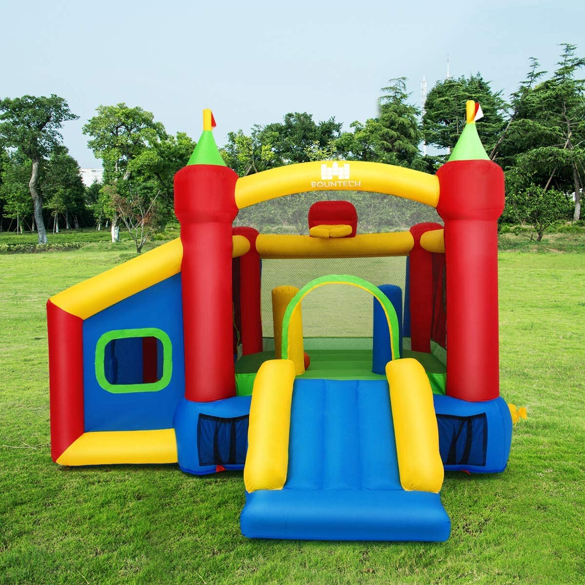 HONEY JOY Inflatable Bounce House, 7-in-1 Kids Jumper Castle with Slide, Football & 100 Ocean Balls