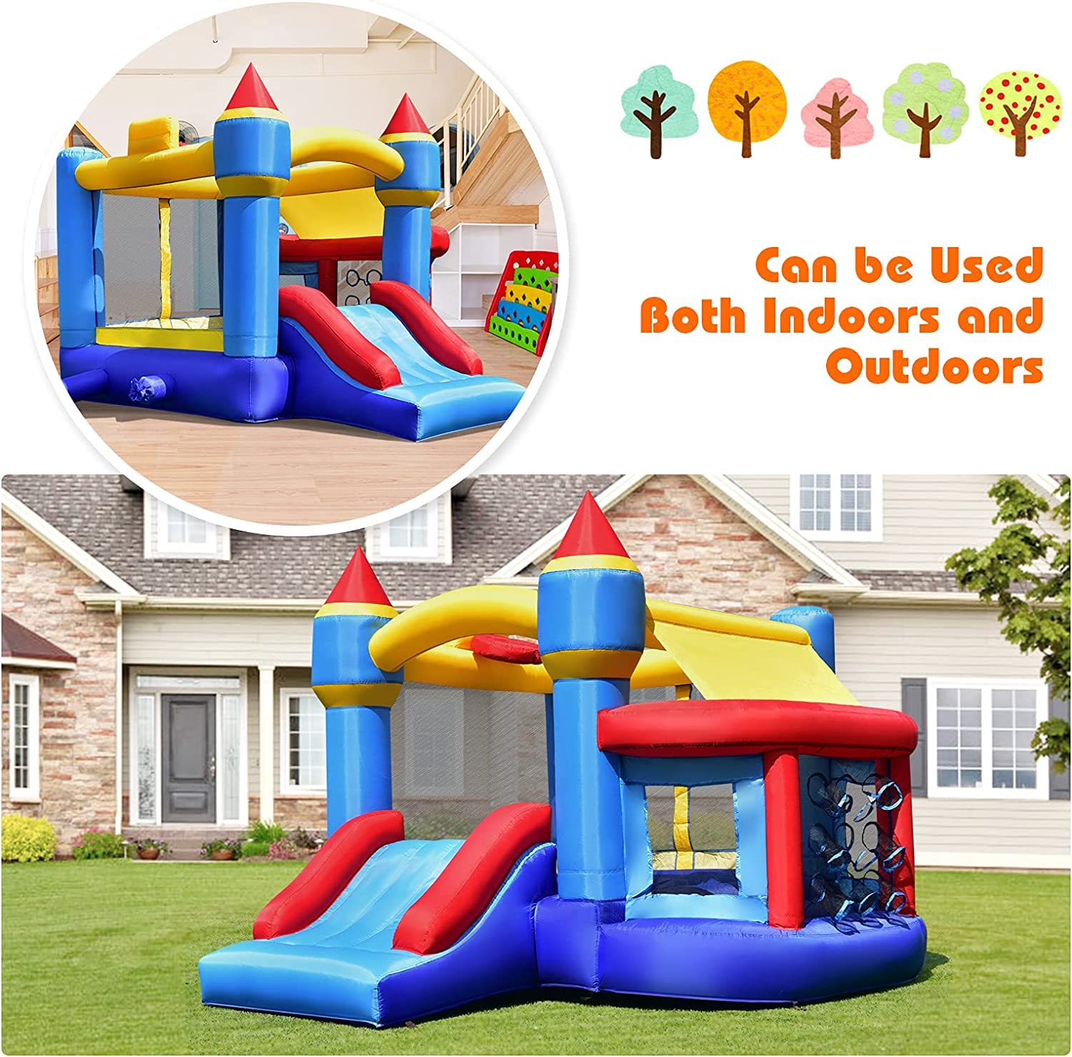 5-in-1 Inflatable Bounce House, Kids Jumper Bouncer w/Slide, Ball Shooting Area, 50 Ocean Balls