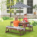 HONEY JOY Kids Picnic Table Bench Set, Wooden Kids Outdoor Furniture with Umbrella, Sponge Cushions