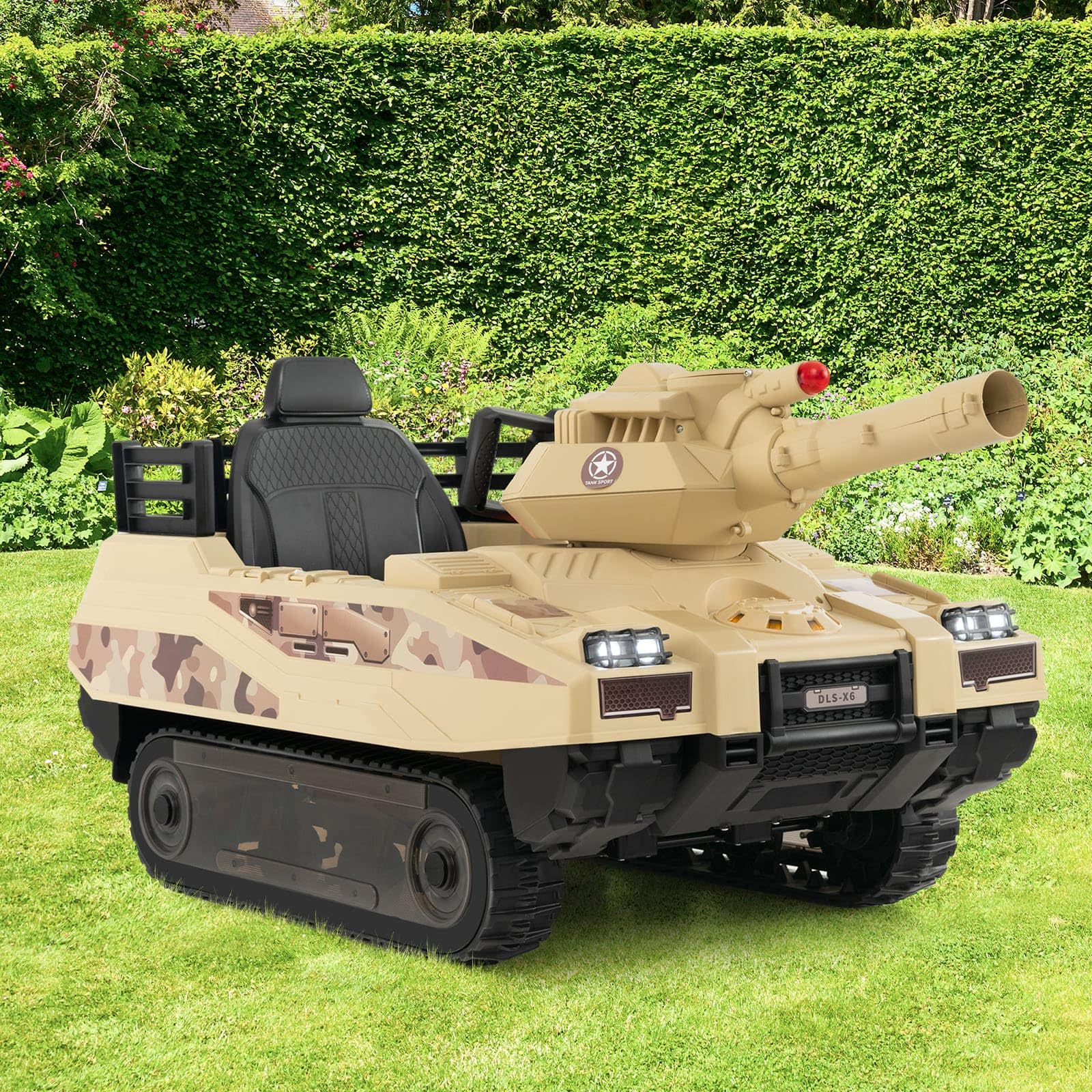 HONEY JOY Electric Kids Ride On Tank, 12V Battery Powered Toy Tank with Rubber Tracks, Rotatable Turret & Working Cannon