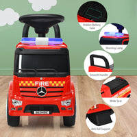 HONEY JOY Kids Ride On Car, Benz Licensed Fire Engine w/Storage Space, Steering Wheel, Backrest, Red