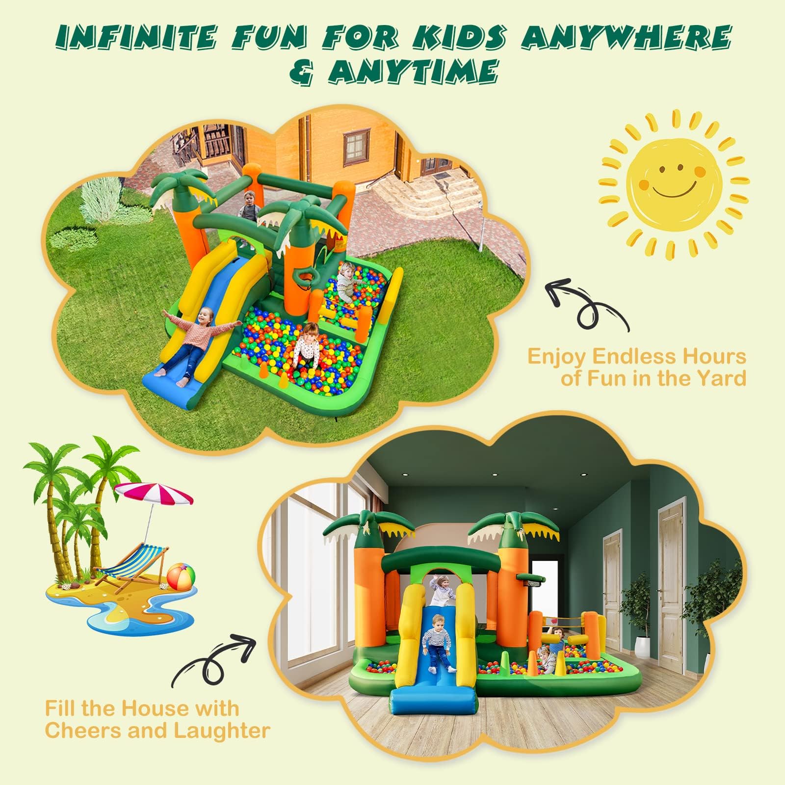 HONEY JOY 8-in-1 Kids Inflatable Bounce House, Tropical Palm Theme Jumping Castle w/2 Ball Pit Pools (with 680W Blower)