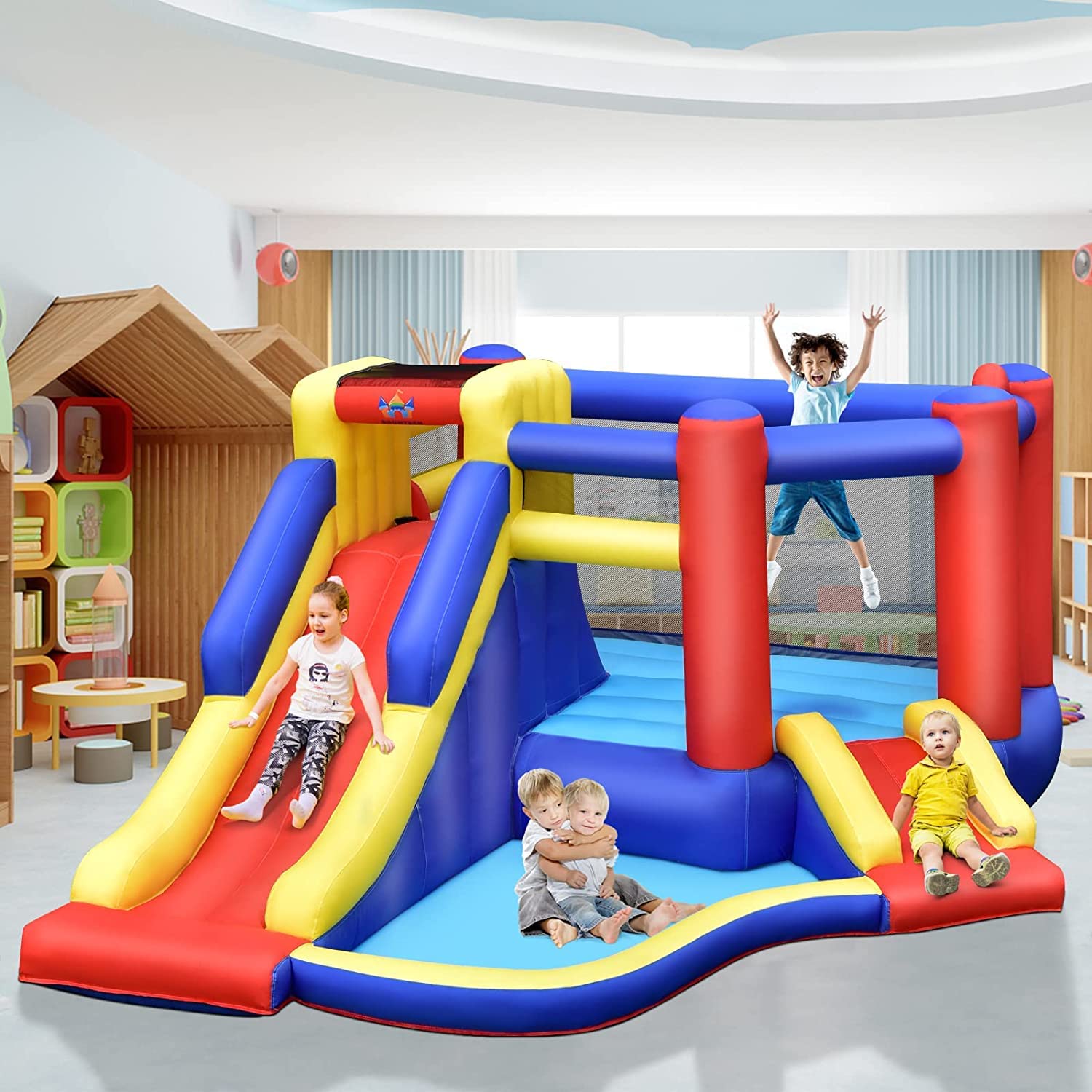 Inflatable Bounce House with Large Jumping Area, Dual Slide, Ball Pit, Climb Wall