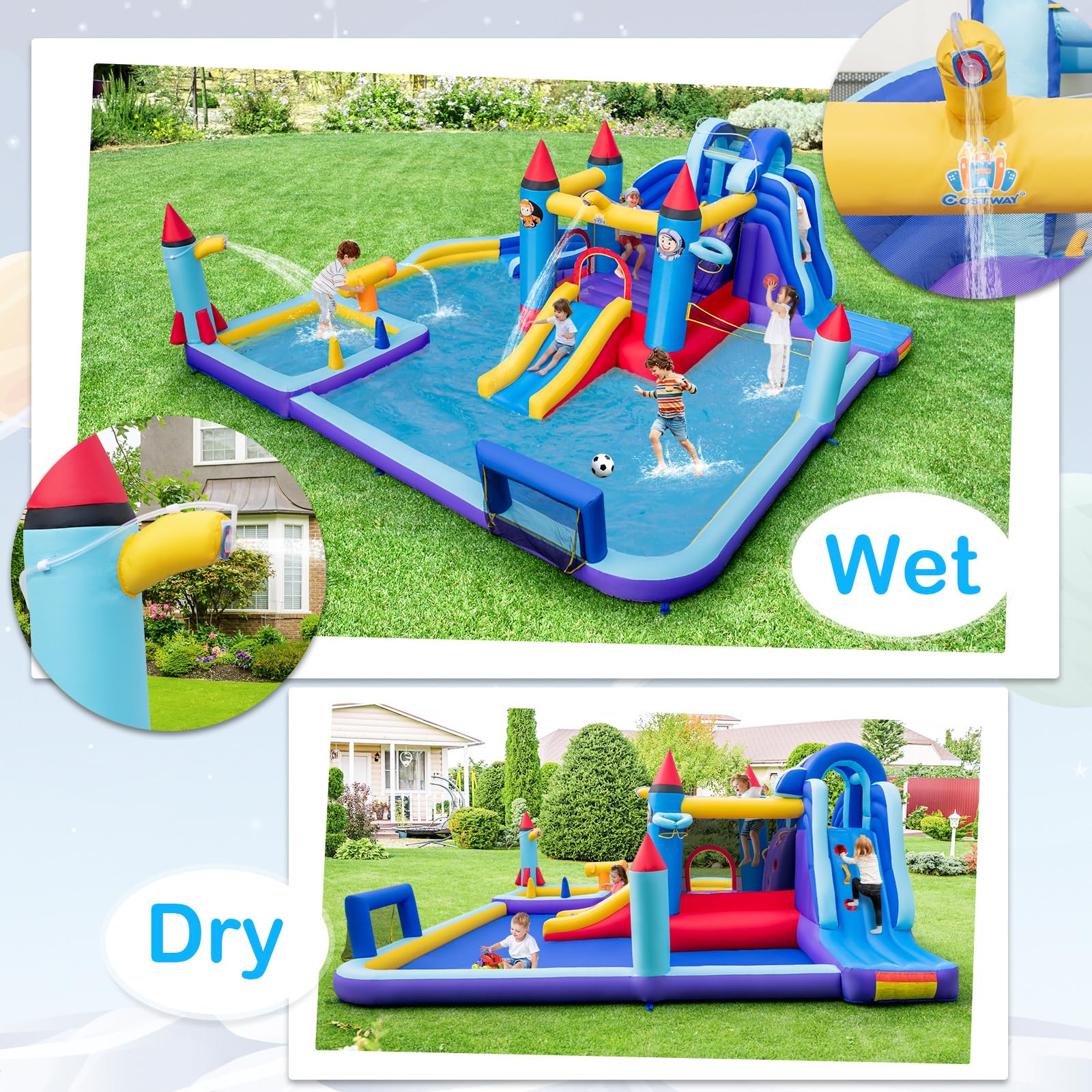 Inflatable Water Slide Park, Kids Inflatable Jumping Castle w/2 Slides, Splash Pool, Jumping Area