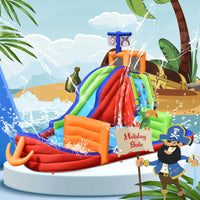 HONEY JOY Inflatable Waterslide, 6-in-1 Pirate Ship Bounce House w/Long Slide, Climbing Wall