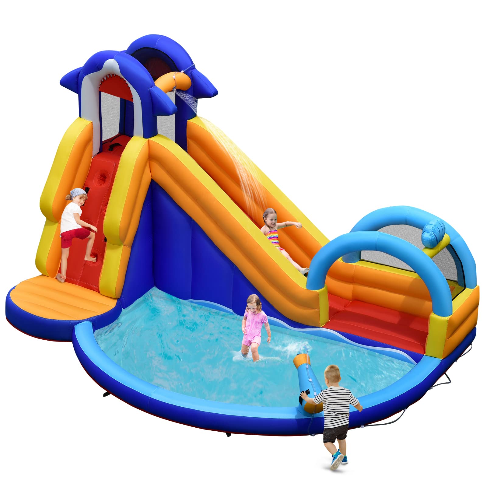 HONEY JOY Inflatable Water Slides, Shark Theme Bouncy House with Slide, Splash Pool