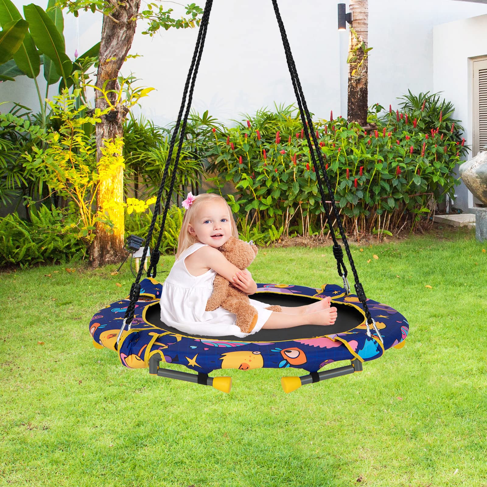 HONEY JOY 36" Kids Trampoline & Swing Set Convertible, 2 in 1 Kids Saucer Tree Swing, Toddler Fitness Rebounder