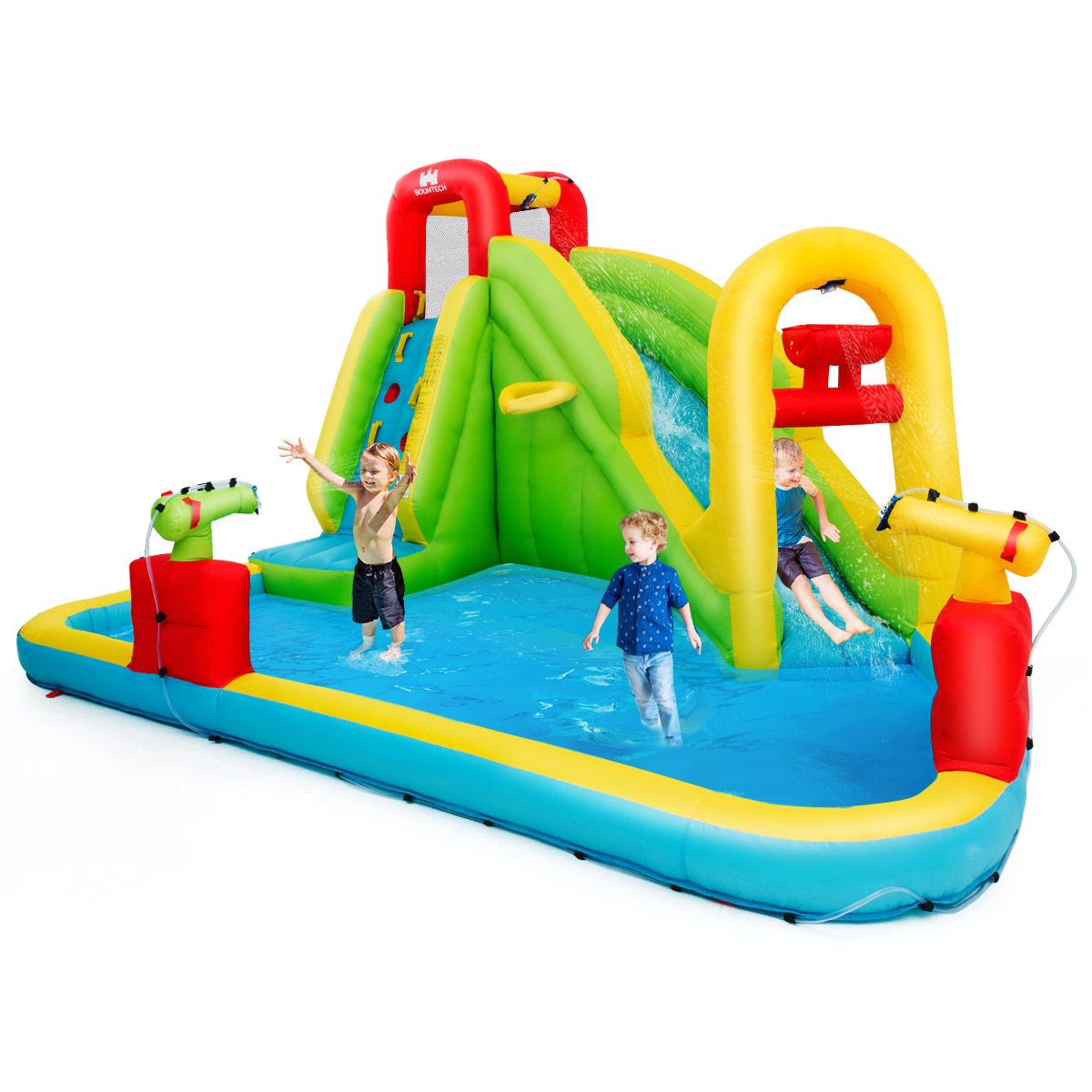 Inflatable Water Slide with Climbing Wall and Water Gun for Indoor/Outdoor Play without Blower