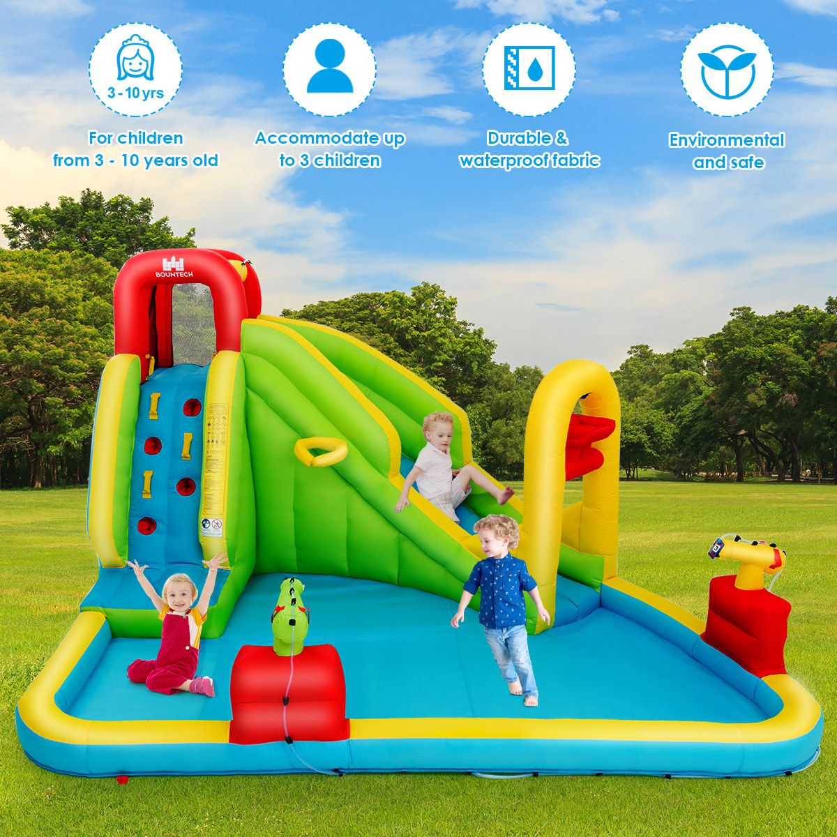 Inflatable Water Slide with Climbing Wall and Water Gun for Indoor/Outdoor Play without Blower