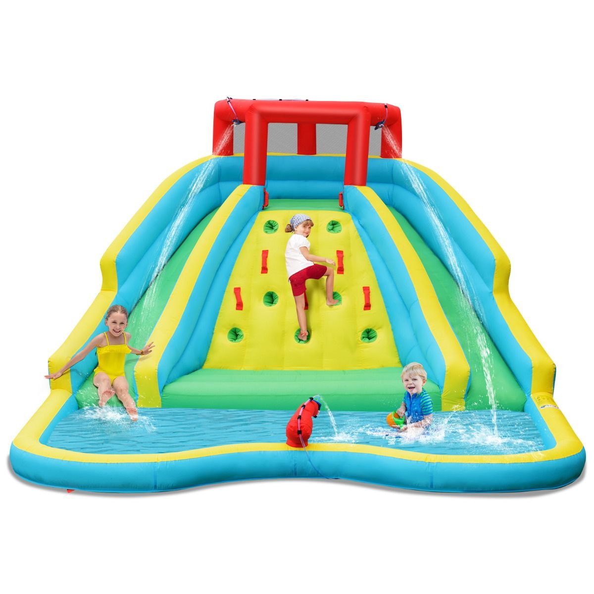 Inflatable Slide Bouncer with Two Slides & Splash Pool for Kids Without Blower