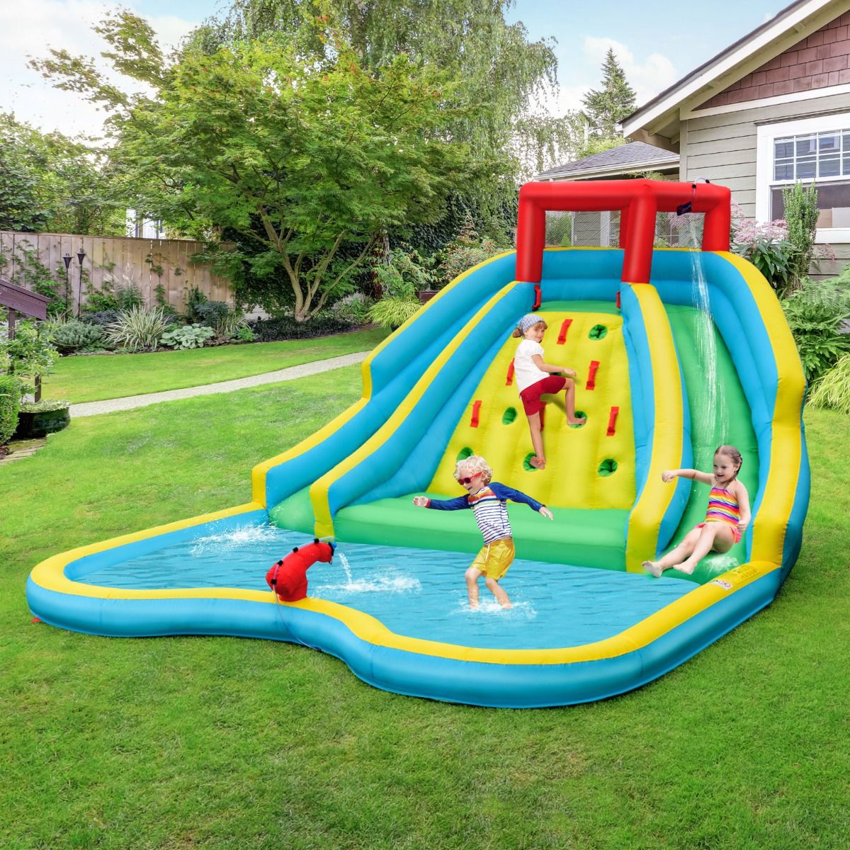 Inflatable Slide Bouncer with Two Slides & Splash Pool for Kids Without Blower