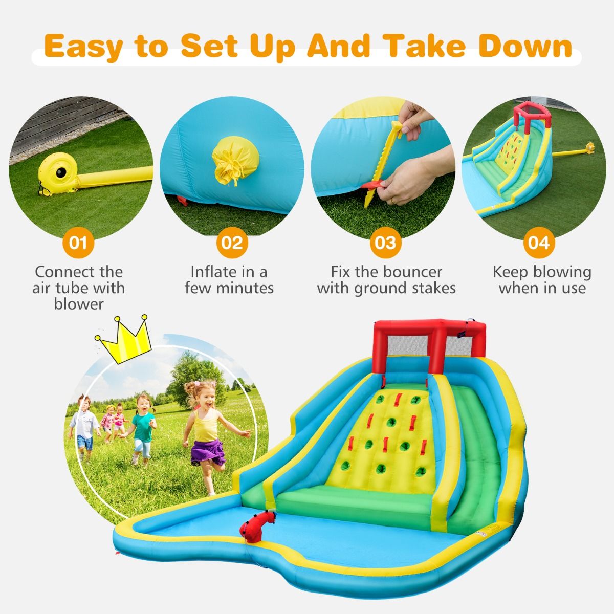 Inflatable Slide Bouncer with Two Slides & Splash Pool for Kids Without Blower