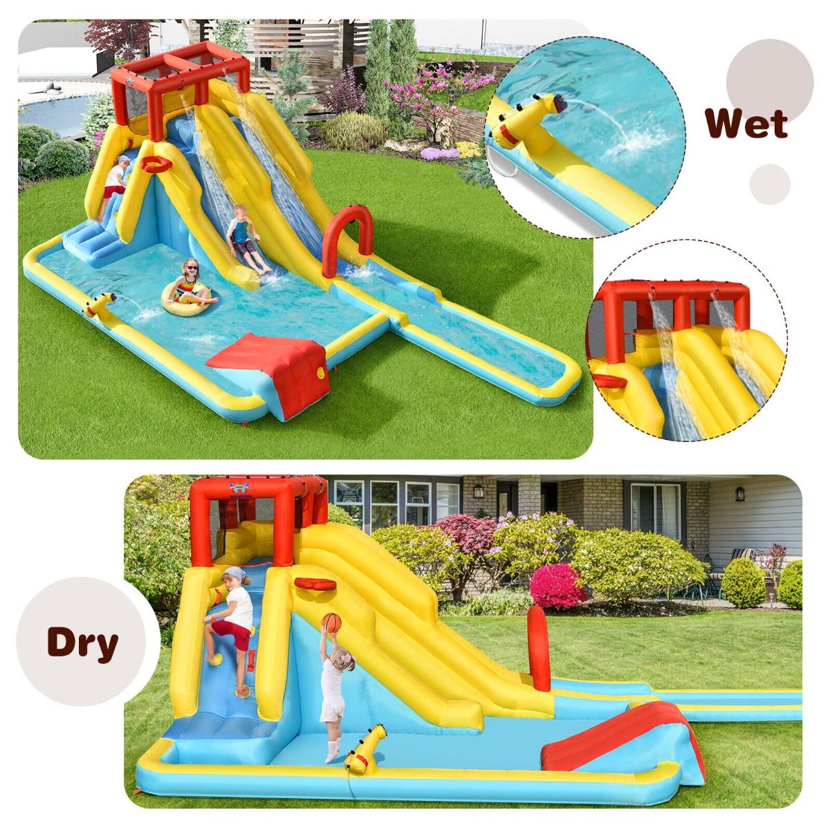 7 in 1 Inflatable Water Park Dual Long Slide Jumping Bounce House without Blower