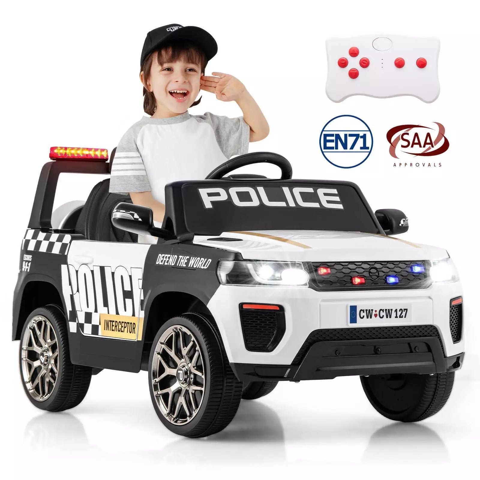 Kids Ride on Police Car 12V Electric Battery Powered Cop Car Flashing Lights