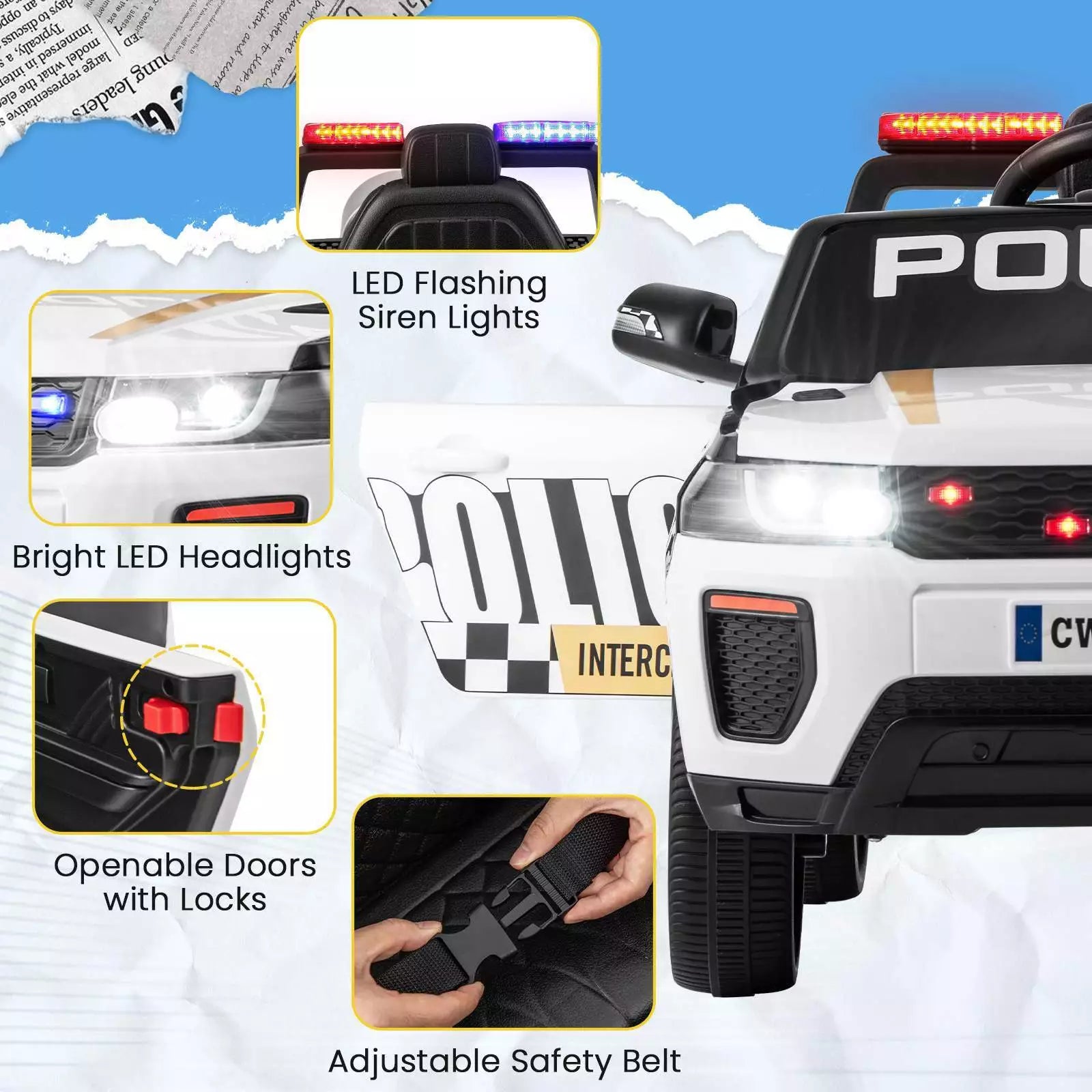 Kids Ride on Police Car 12V Electric Battery Powered Cop Car Flashing Lights