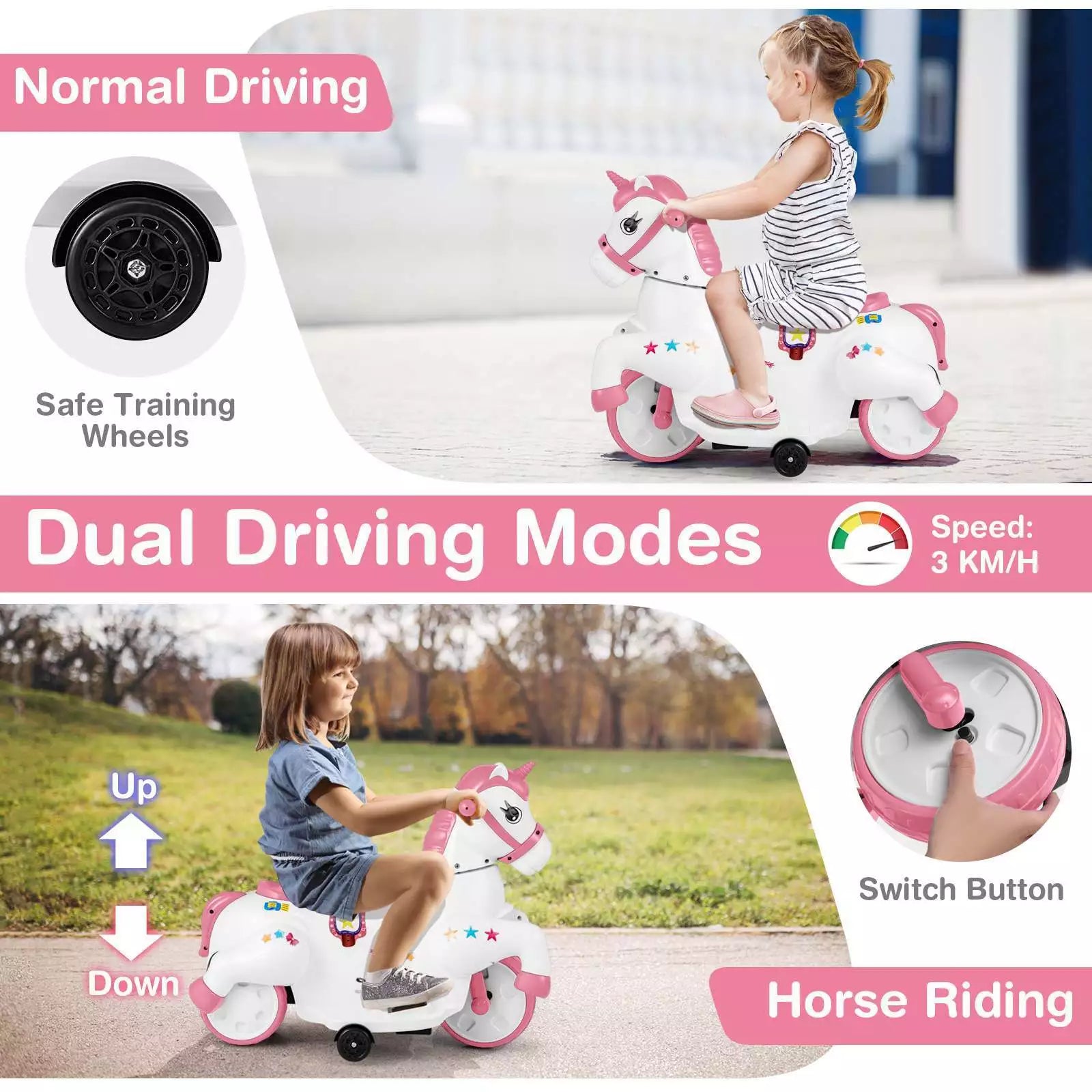 12V Unicorn Ride on Motorcycle Toy Kids Ride on Car Pony with Training Wheels