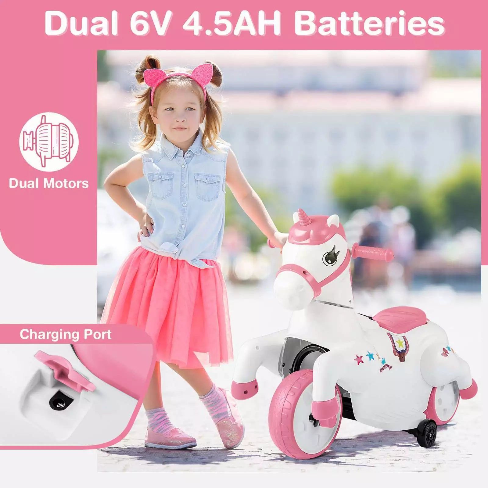 12V Unicorn Ride on Motorcycle Toy Kids Ride on Car Pony with Training Wheels