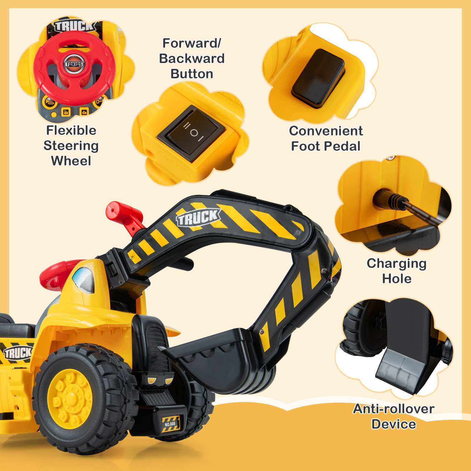 HONEY JOY 6V Kids Ride On Excavator Electric Vehicle Fun Digger Toy for Toddlers